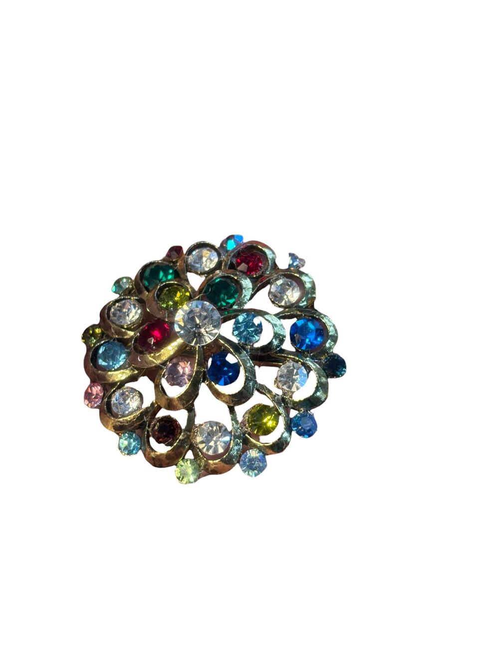 Vintage Gold Tone Rhinestone Brooch Multicolor Swarovski Floral Pin Restored